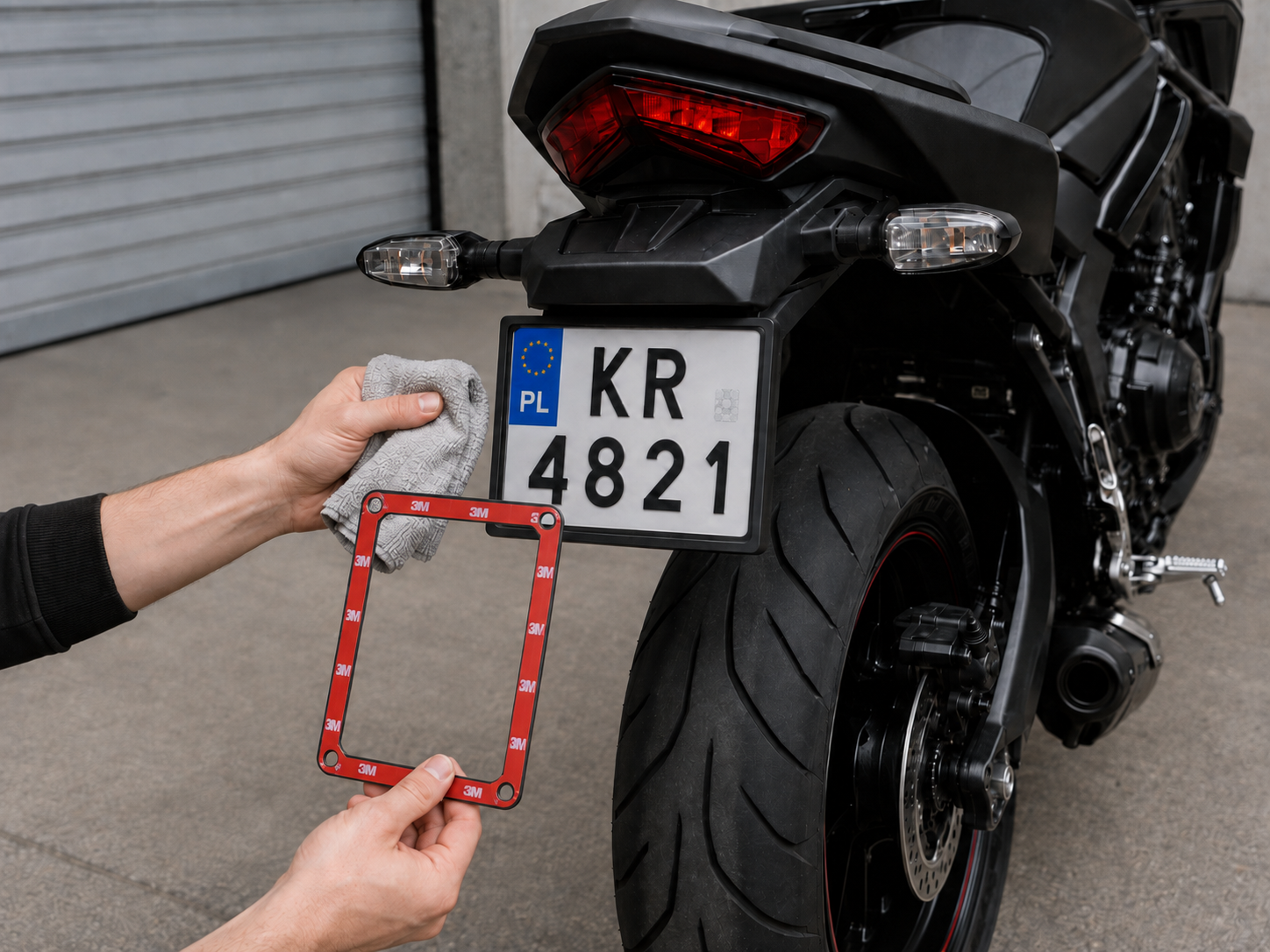 Pierwszy krok montażu ParkShield przy tablicy motocykla