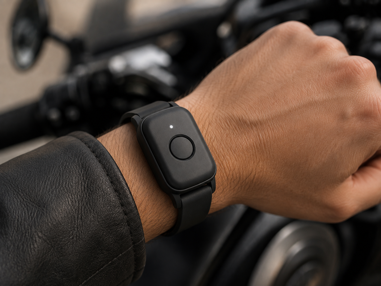 Pilot ParkShield zamocowany na ręce motocyklisty
